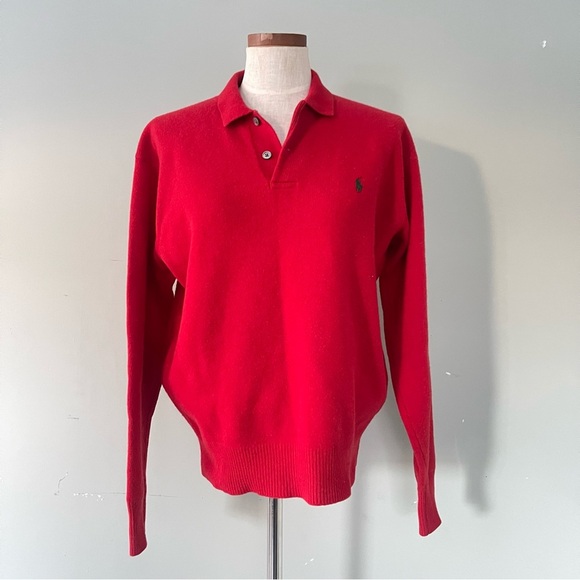 Vintage Polo Ralph Lauren Red collar pullover sweater 100% Lambswool Large - Picture 1 of 6